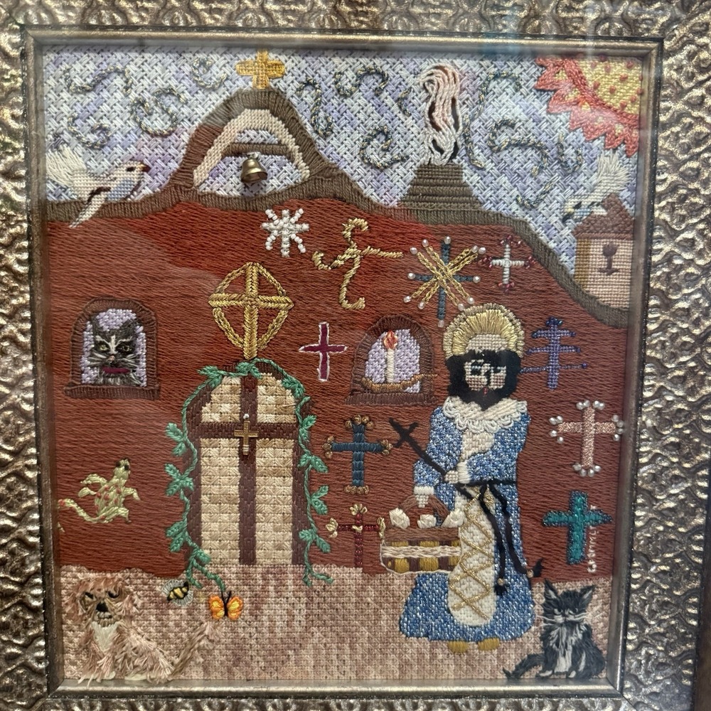 VTG Crewel Religious Needlepoint Priest‎ Saint Cats Dogs Wall Art 17"x16" Church - Picture 2 of 13